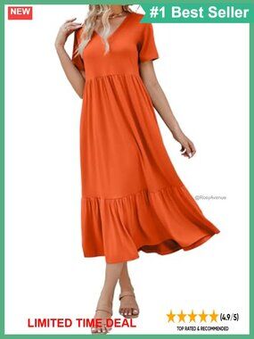 Women's Summer Short Sleeve V Neck Tiered Maxi Dress with Pockets